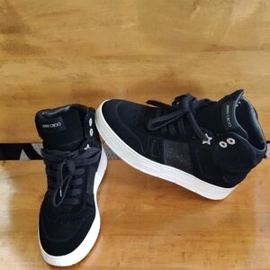 Jimmy Choo Hawaii Hi Top Trainers Size 38 Black Suede With Glitter Embellishment
